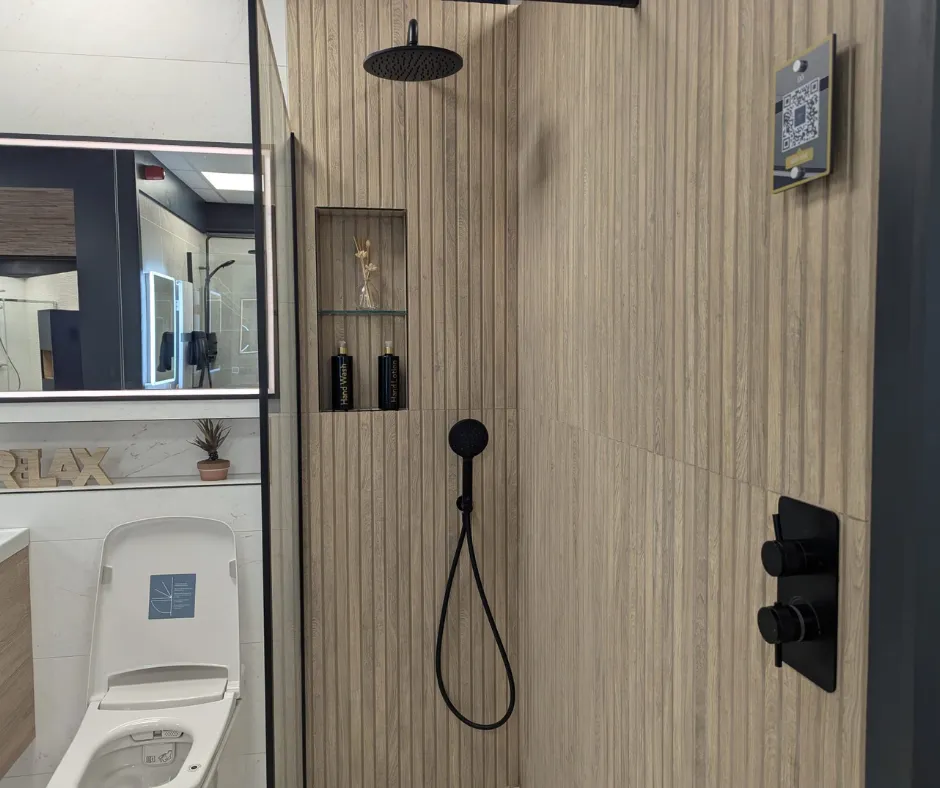 Black Fixtures with Wood Effect Tiles